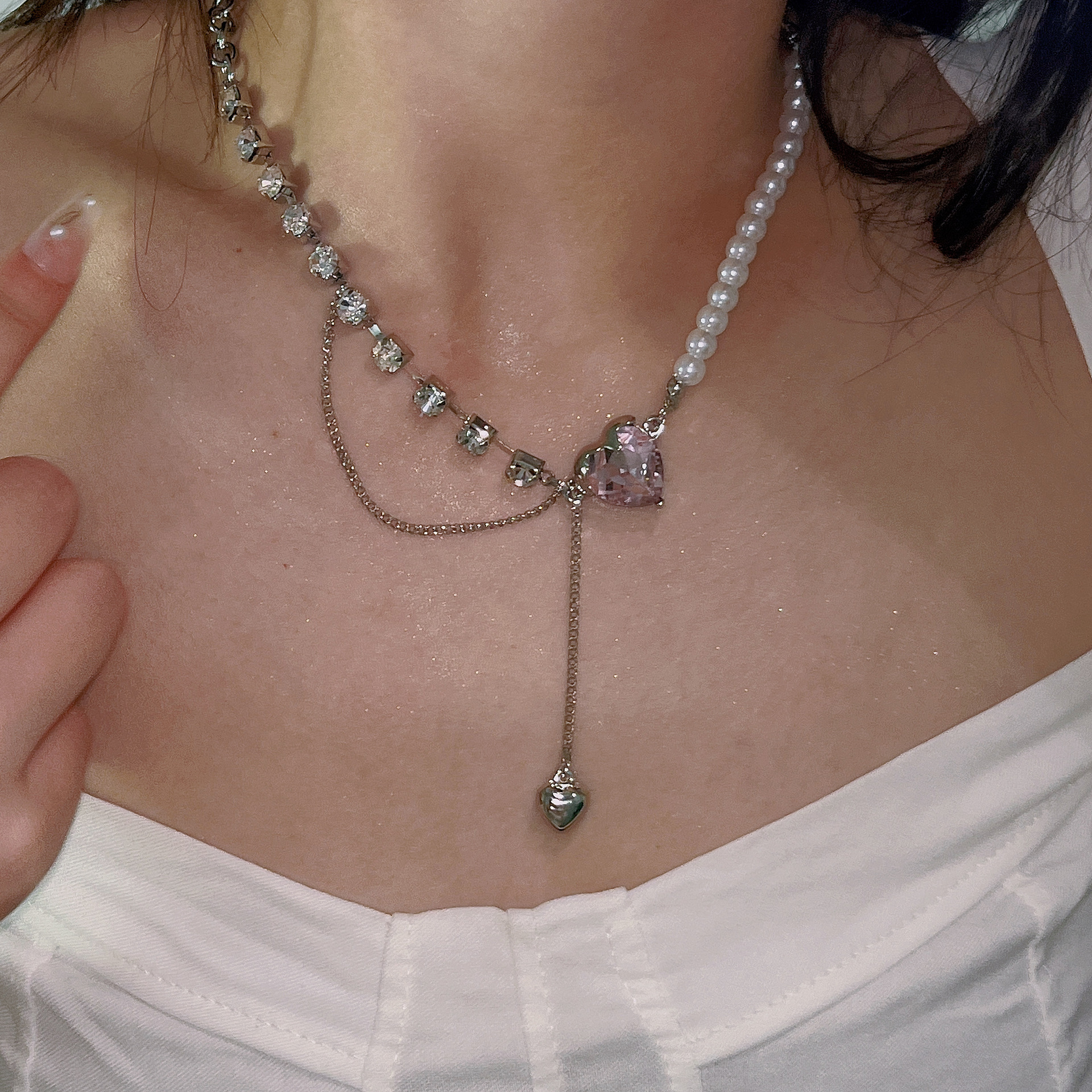 Womenu0027S Sweet Heart Imitation Pearl Rhinestone Mixed materials Necklace Tassel Rhinestone Neckla