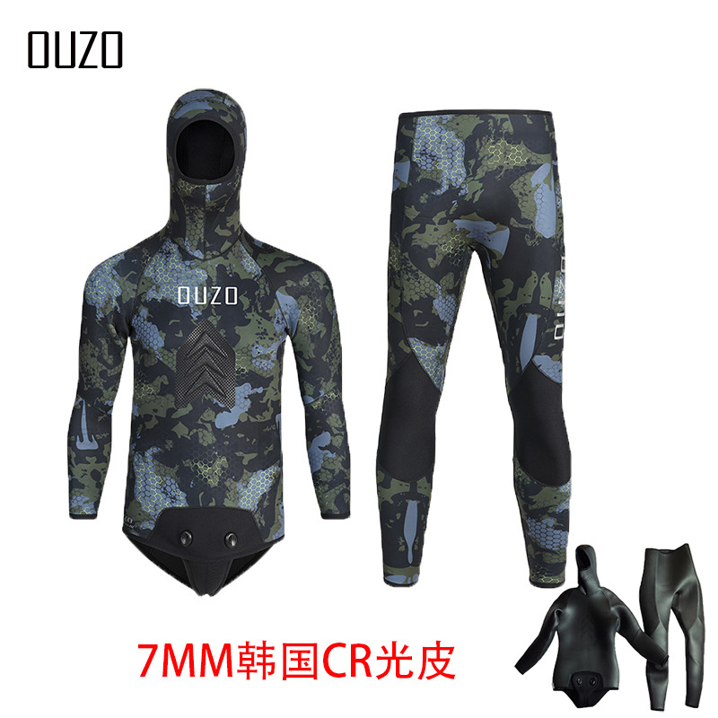 7MM fishing suit CR light leather diving suit OUZO split camouflage cold protection and warmth thickened free diving fishing suit