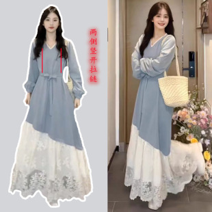 Lactation dress Autumn and Winter Hot Mom's Out-of-the-way Trendy Mom's French Stitching Lace Post-period Nursing Long Dress Autumn Dress