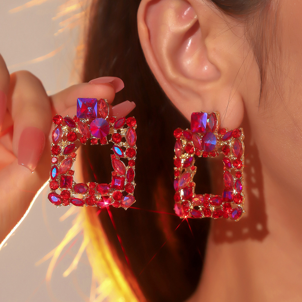 European and American Retro Fashion Color Diamond Exquisite Square Earrings Temperament Simple All-match Earrings Fashion Ball Banquet Earrings