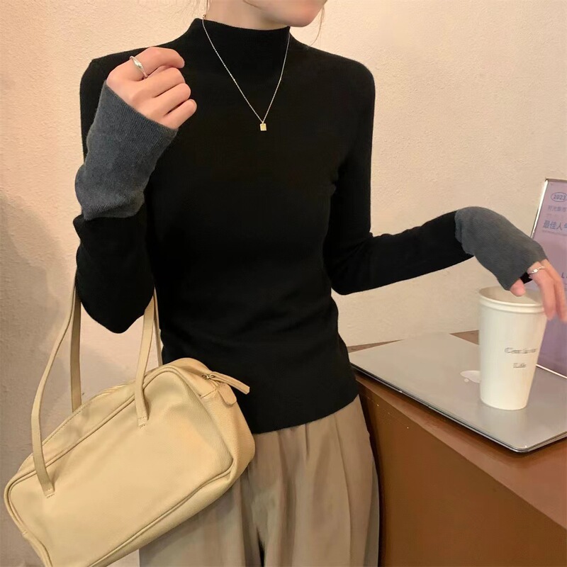 Autumn and Winter New Color Matching Sleeve Knitted Base-Layer Shirt Women's Half-High Neck Slim-Fit Slimming Stacked Knitted Sweater Autumn and Winter New Color Matching Sleeve Knitted Base-Layer Shirt Women's Half-High Neck Slim-Fit Slimming Stacked Knitted Sweater