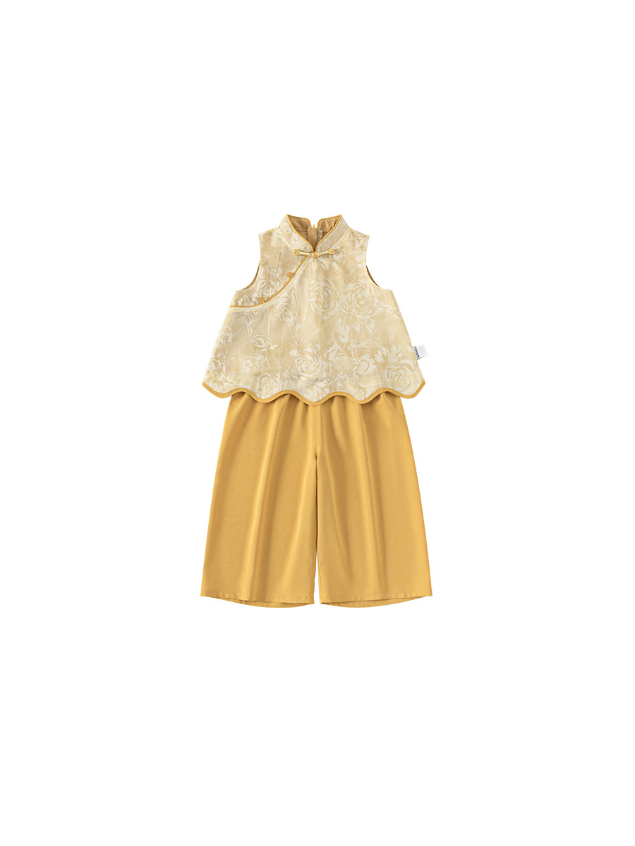 Youbao ropa para niños verano estilo nacional ropa para niños tesoro femenino de dos piezas pantalones anchos sin mangas chinos traje Hanfu para niñas