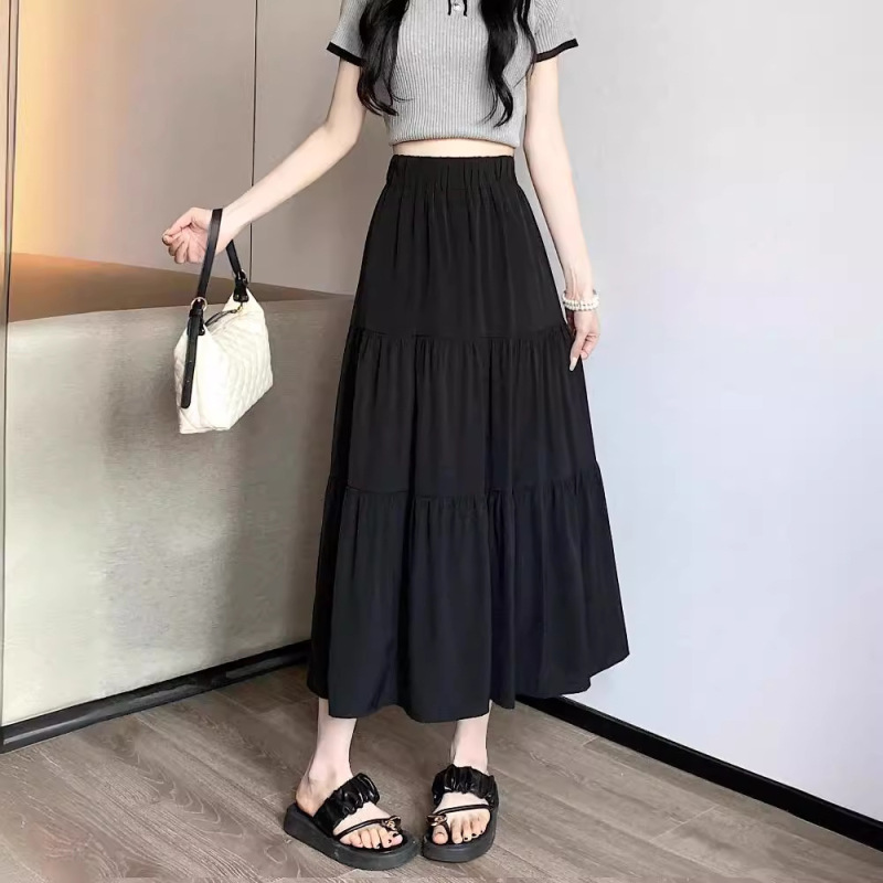 黑色伞裙半身裙女小个子夏季2025新款垂坠感中长裙高腰白色a字裙|undefined