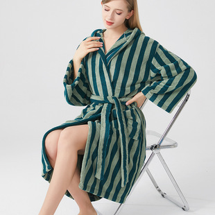 Couple Stripesd Bathrobe Retro Simple Coral Velvet Absorbent Bathrobe Home Cross-Border Bathrobe Adult Bath Skirt Bathrobe