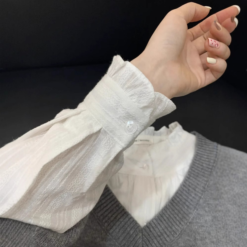 Liang Yixuan French Lacquer Collar Cotton Jacquard Long-sleeved Shirt 2025 Spring Slim Stacked Base White Top for Women