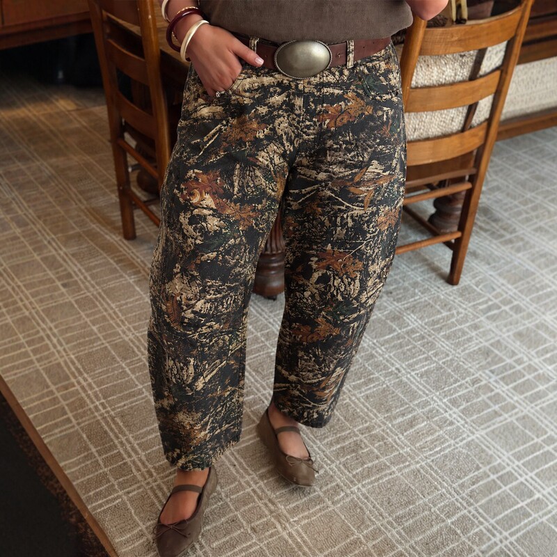 Shi Ying women's jeans, cross-border Amazon, European and American style, western autumn/winter camouflage leaf pattern, loose fit, straight-leg pants