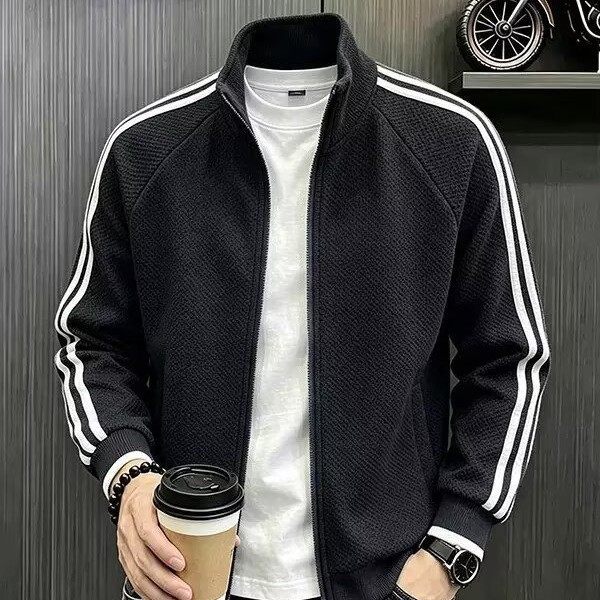 Cross-border export men's three-stripe cardigan jacket for spring and autumn, cleanfit stand-up collar baseball jacket with striped patchwork sweatshirt