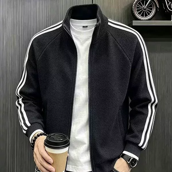 Cross-border export men's three-stripe cardigan jacket for spring and autumn, cleanfit stand-up collar baseball jacket with striped patchwork sweatshirt