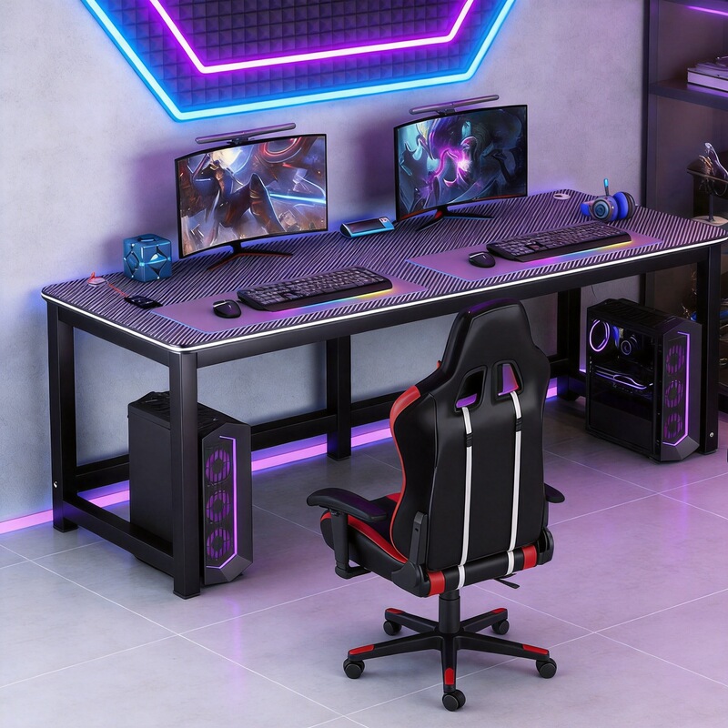 Double-person gaming desk with carbon fiber texture, home-use desktop large table for gaming and office work