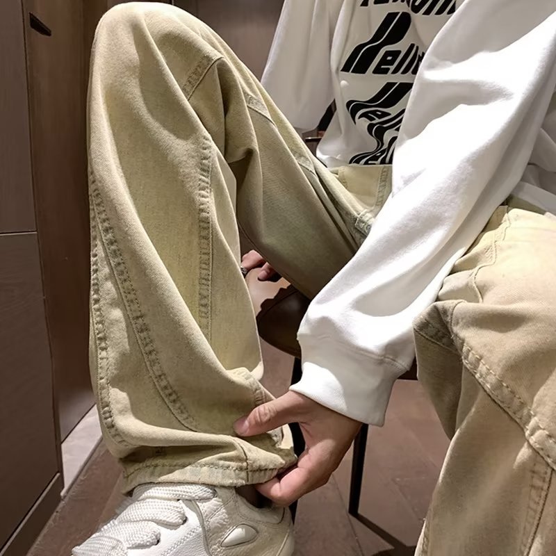 Pantalones retro estadounidenses, jeans teñidos de barro amarillo lavados de la marca de moda de la calle alta, jeans rectos delgados para hombres