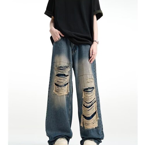 American streetwear retro ripped denim pants for men, summer wash distressed loose wide-leg straight-leg floor-length pants trendy