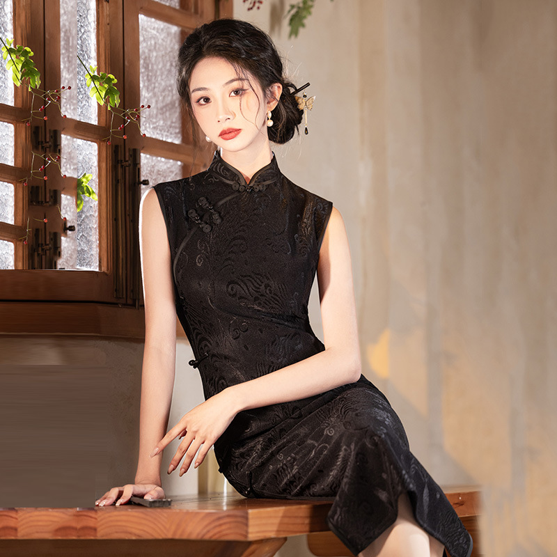 黑色國風中式無袖長款改良旗袍2025新款夏季年輕款女民國復古禮服