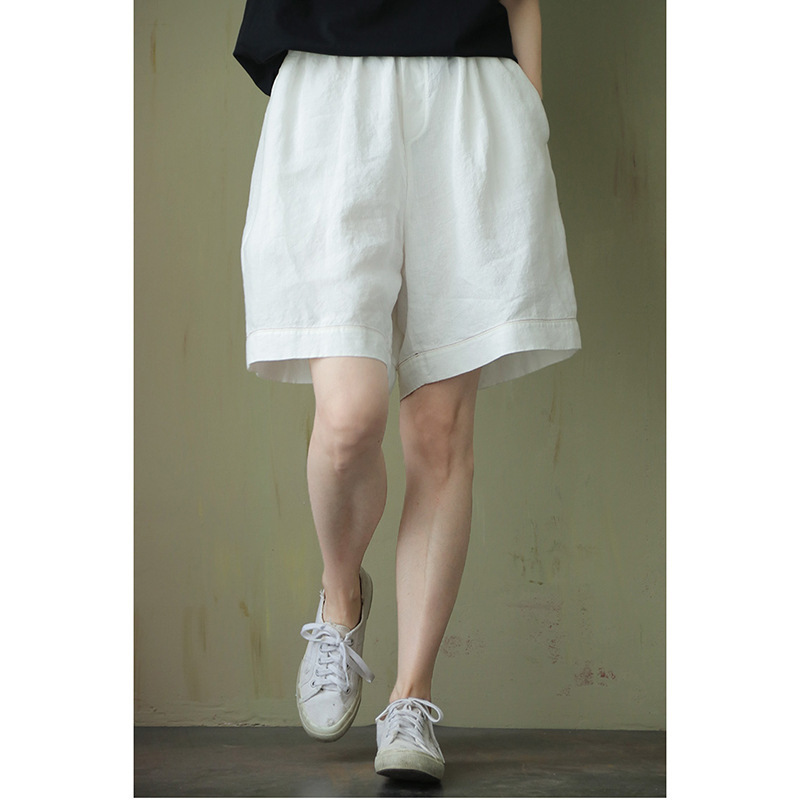 Summer Style White Hemp Fluffy Slim-Fit Elastic Waist Hand-Embroidered Slimming Cool Shorts, Cool and Casual Versatile Straight-Leg Shorts