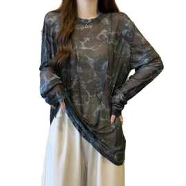 网纱微透扎染长袖恤女春夏大码胖显瘦遮肚中长款外搭防晒罩衫