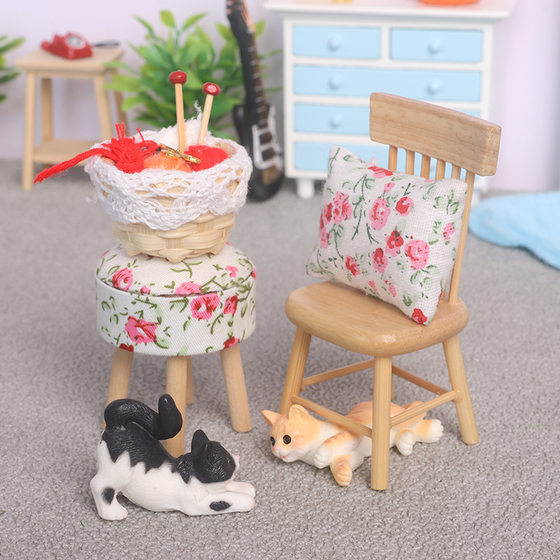 Mini Miniature Doll House Wooden Small Furniture Toys Small Round Stool Chair Kitten suit Toys