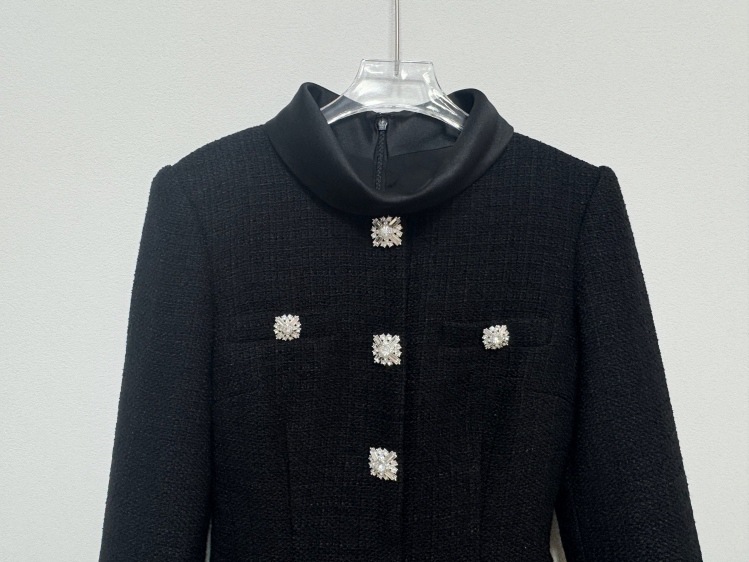 2025 Autumn Winter New Women's Black Tweed Patchwork Elegant Long Sleeve Small Stand Collar Dress Evening Gown_ecoleips.com