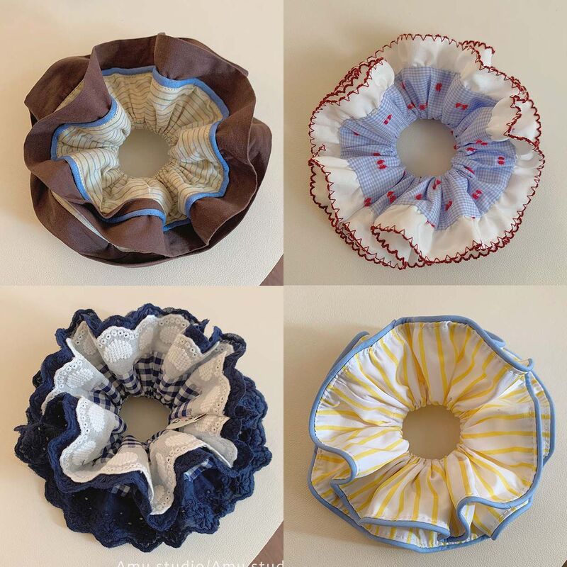 Korean New Retro Coffee Blue Stripesd Lace Double-Layer Hair Tie High-End Elegant Ponytail Ball Headband Hair Tie for Women Korean New Retro Coffee Blue Stripesd Lace Double-Layer Hair Tie High-End Elegant Ponytail Ball Headband Hair Tie for Women