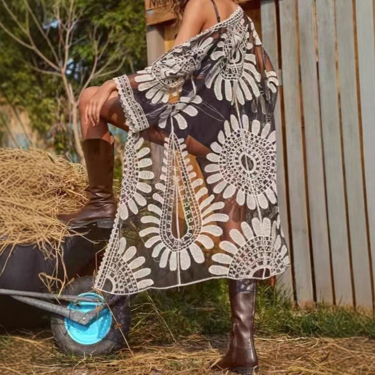 2024 Cross-Border European and American Women's Beach Vacation Popular Mesh Embroidered Lace Kimono Blouse Cardigan Bikini Shawl