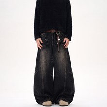 美式复古水洗设计感黑色弯刀牛仔裤男女阔腿宽松垂感做旧裤子代发