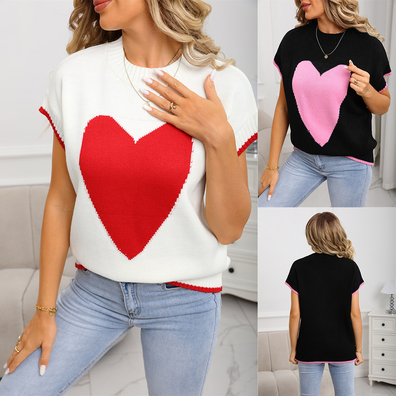 Autumn and Winter European and American Export Amazon Round Neck Pullover Vest with Knitted Knitwear Vest Short-Sleeved Heart Knitwear for Women