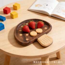 家用黑胡桃木蘑菇托盘实木可水洗儿童可爱餐盘木质卡通水果点心盘