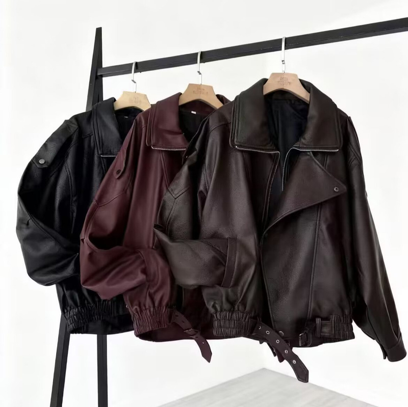 Foreign trade cross-border European and American style women's clothing 2026 autumn new designer loose leather jacket women's jacket Foreign trade cross-border European and American style women's clothing 2026 autumn new designer loose leather jacket women's jacket