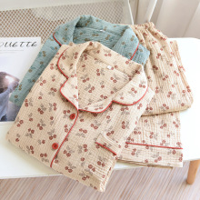 复古小玫瑰花绉布睡衣长套装玫瑰精梳棉女士家居服套装纯棉纱布