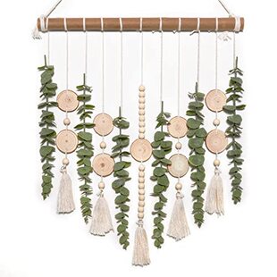 Boho wall decoration wall hanging bathroom decoration fake eucalyptus plant green leaf with wooden beads garland hanging ornament