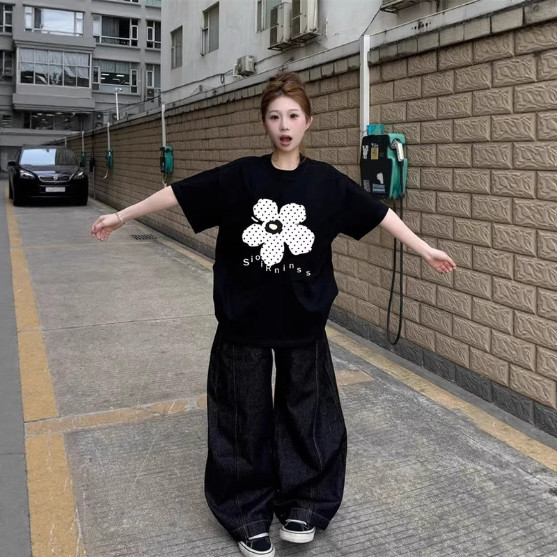 Black Pure Cotton Short-Sleeved T-Shirt for Women Summer 2026 New Style Student Loose Design Niche Lazy Style Half-Sleeved Top