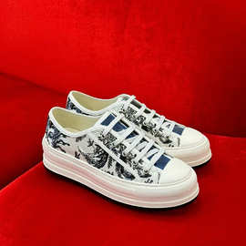 外贸D家2024新款刺绣厚底运动鞋系带字母休闲帆布英伦风时尚女鞋