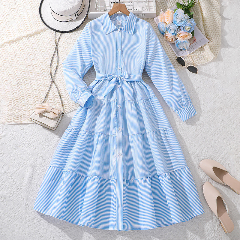 Girls' 9-11 years old autumn children's clothing 24 new fashionable striped long sleeved girls' dress_voghion.com
