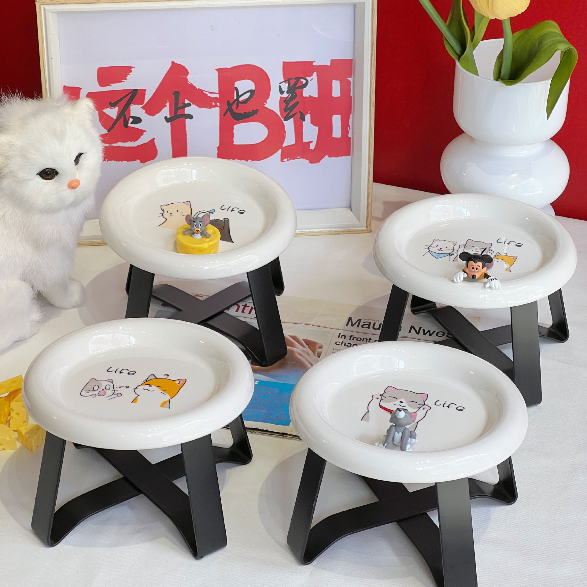 고양이 그릇 세라믹 안티 블랙 턱 큰 구경 고양이 먹이 그릇 개 그릇 마시는 그릇 안티 노크 넥 애완 동물 용품 안티 슬립