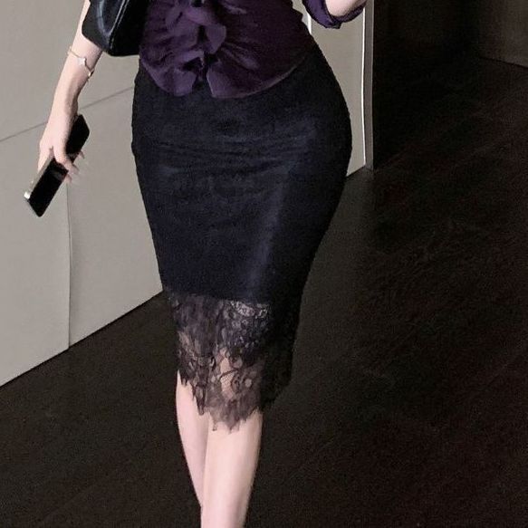 纯欲风套装女荷叶边紫色v领短袖衬衫女夏季黑色蕾丝半身裙两件套|undefined