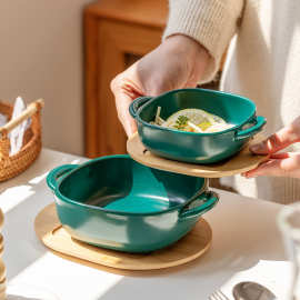 JI双耳烤碗微波炉烤箱陶瓷碗带竹托盘烘焙烤碗焗饭碗家用早餐甜品
