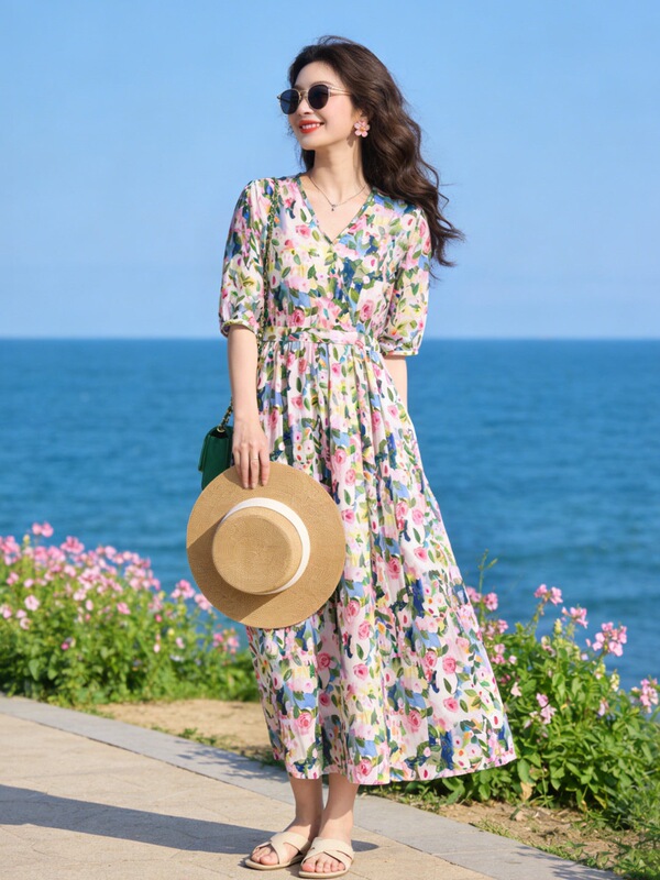 【Mid-Sleeve】Cotton Silk Floral Dress, Artificial Cotton, Women's Summer Slim-Fit, Elegant, Mid-Length, Loose Fit 【Mid-Sleeve】Cotton Silk Floral Dress, Artificial Cotton, Women's Summer Slim-Fit, Elegant, Mid-Length, Loose Fit