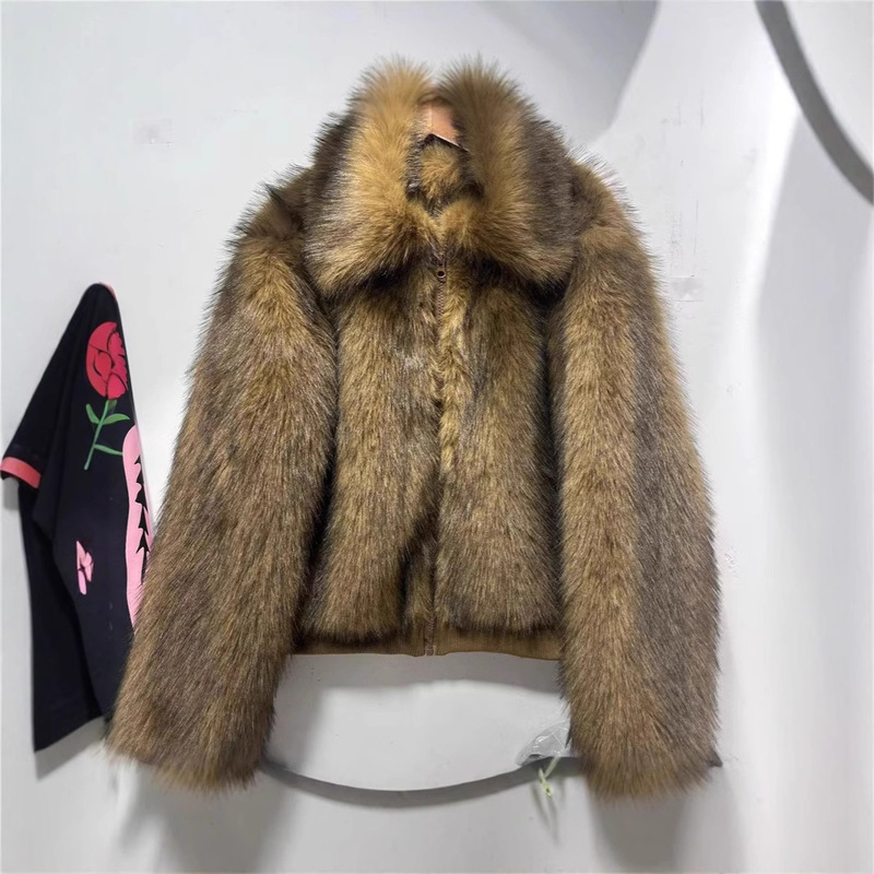 European and American Cross-Border 2026 Autumn and Winter Fox Fur Faux Fur Short Jacket Women's Coat Zipper Lapel Fur Top