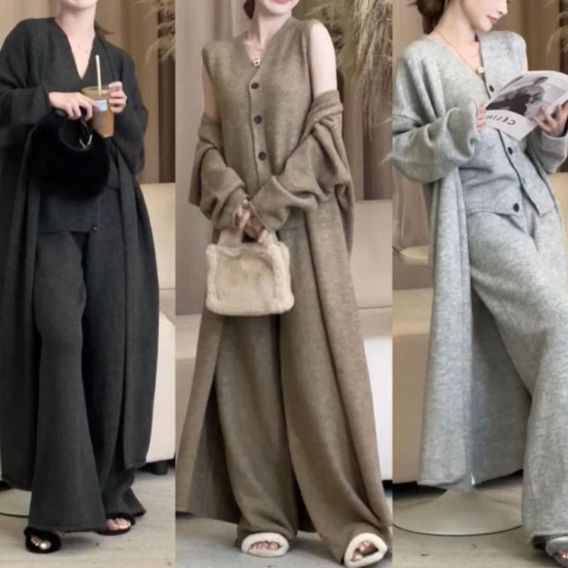 怠惰な風のゆったりした高級セーターセットの女性秋冬スタイルのベストコートのワイドパンツのニットカーディガンの3点セット|undefined