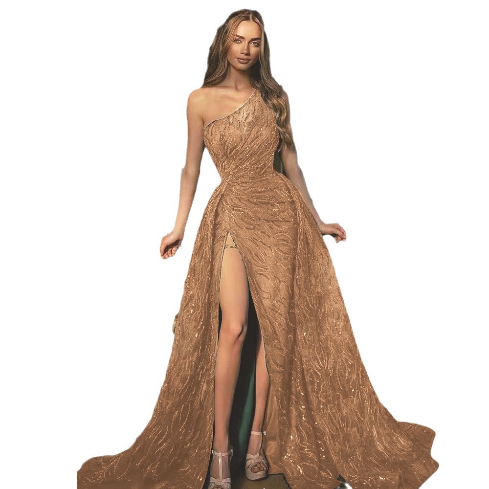Vestido largo de noche con tirantes de lentejuelas, estilo europeo y americano, novedad de primavera-verano 2025, con hombros descubiertos y abertura lateral, ideal para eventos.