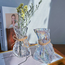 北欧风创意玻璃花瓶炫彩折纸透明水养郁金香花瓶家居客厅装饰花瓶