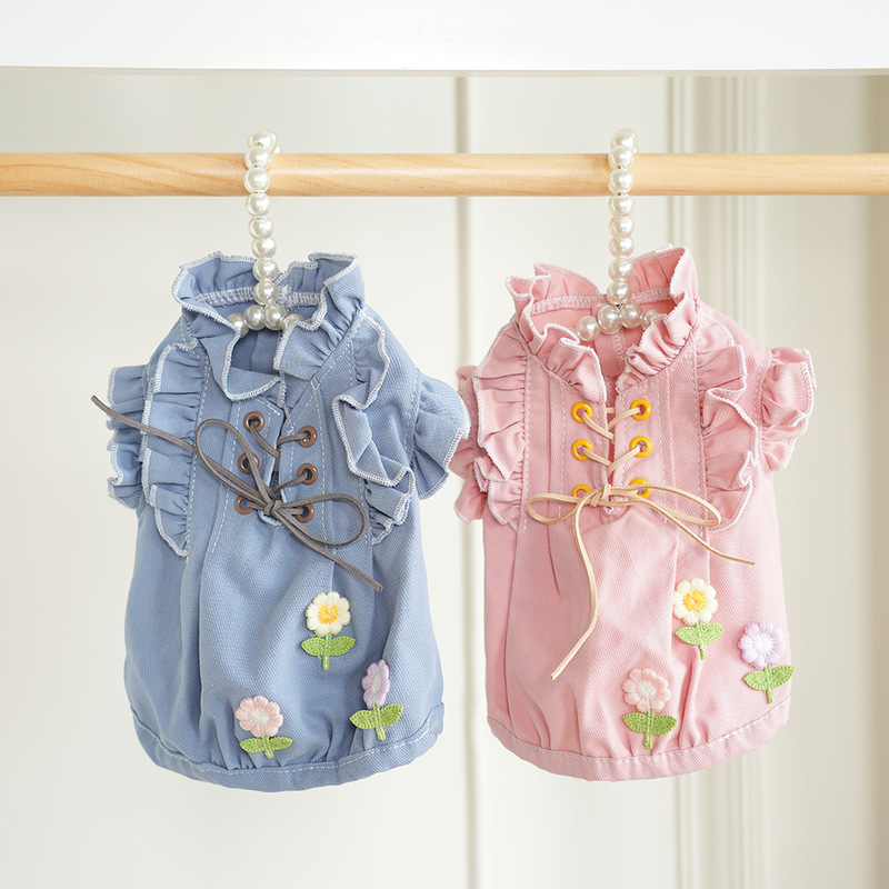 新款宠物狗秋天衣服约克夏重工日韩小清新淑女两脚衣穿绳牛仔小衫|undefined