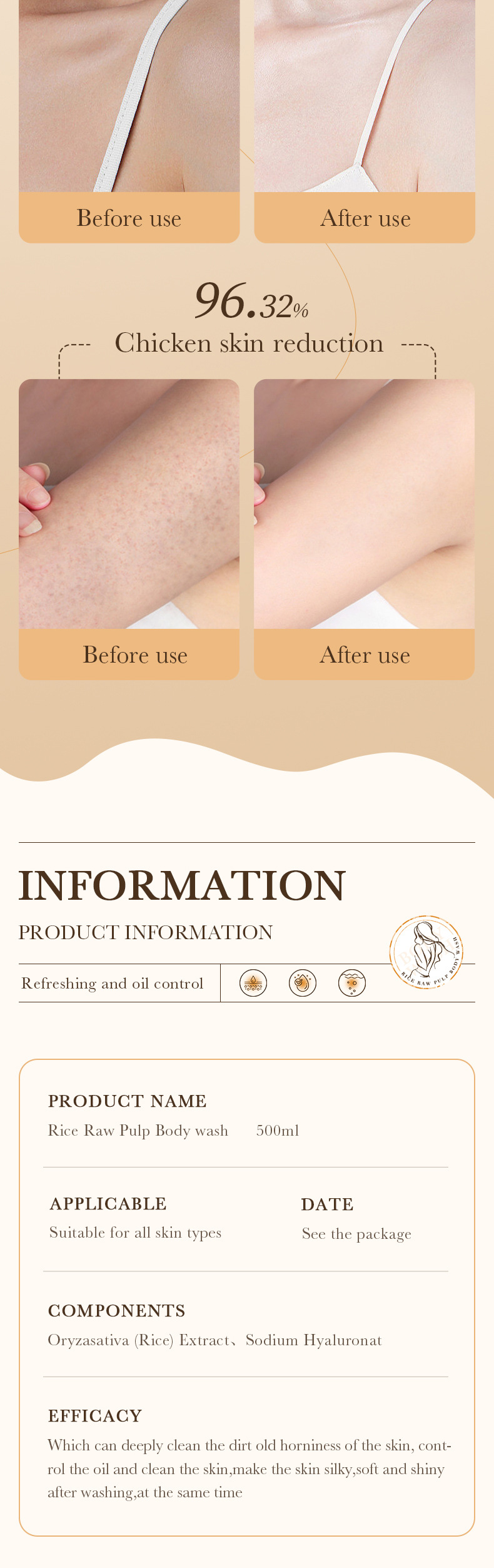 Heißes verkaufendes neues Reis-Rohmilch-Duschgel 500 ml BIOAOUA Körperreinigendes Duschgel auf europäischer Website_voghion.com