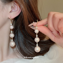 法式圆形珍珠镶钻耳扣优雅复古气质长款耳环时尚简约新款耳饰批发