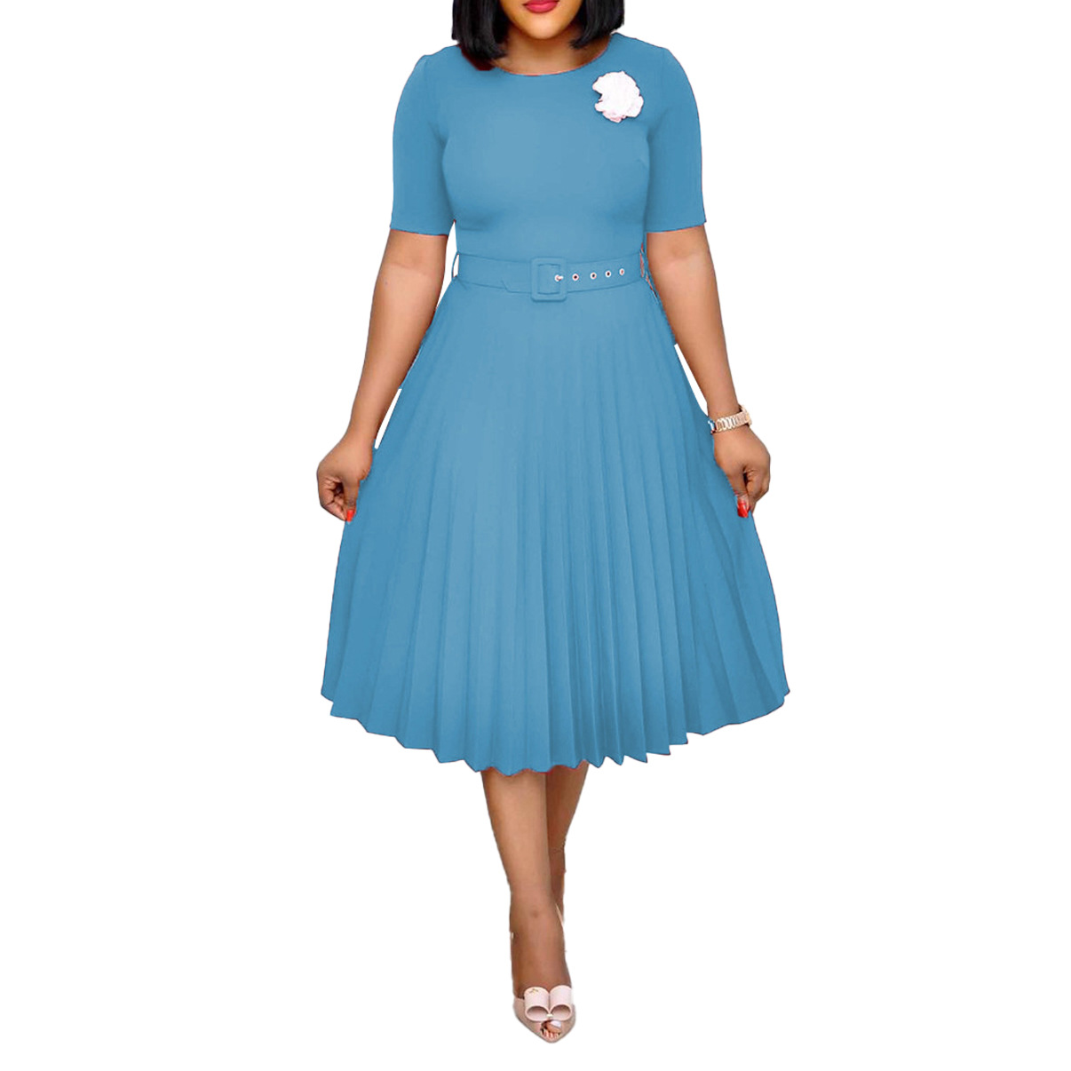 Ropa de mujer europea y americana con cinturón nuevo verano Amazon cuello redondo falda plisada de longitud media más tamaño vestido transfronterizo africano image 7