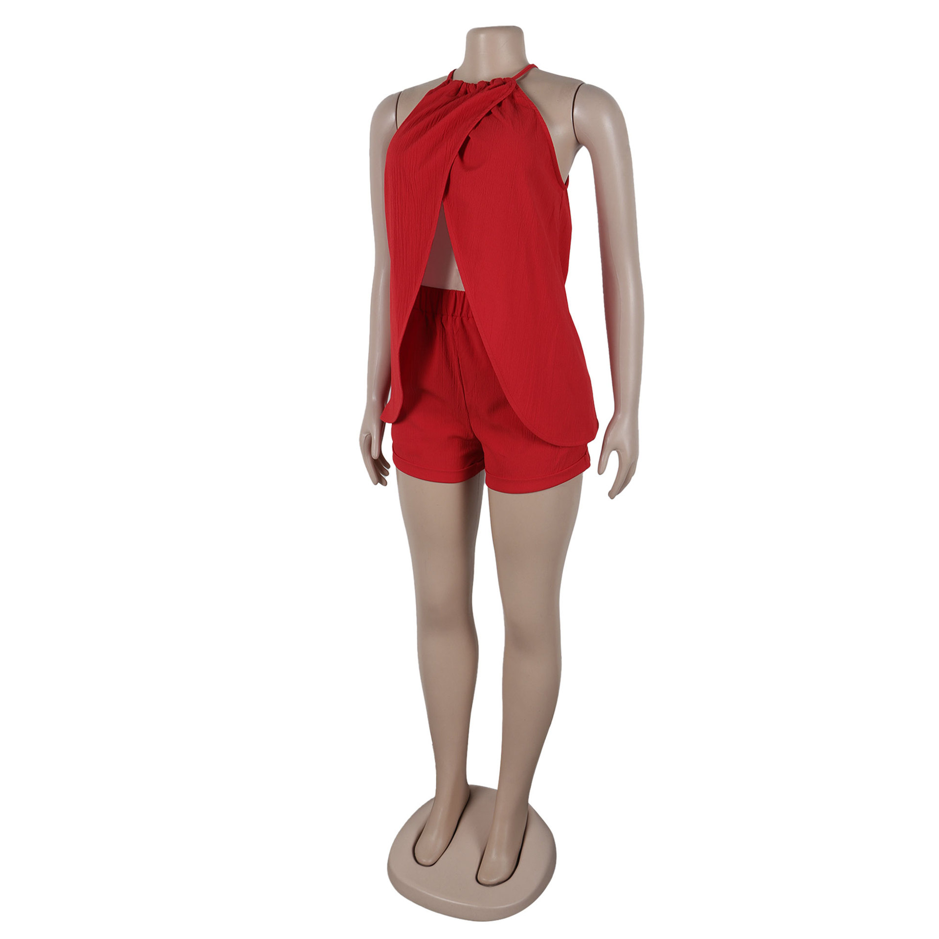 Women Sexy Solid Color Split Halter Strap Sleeveless Set