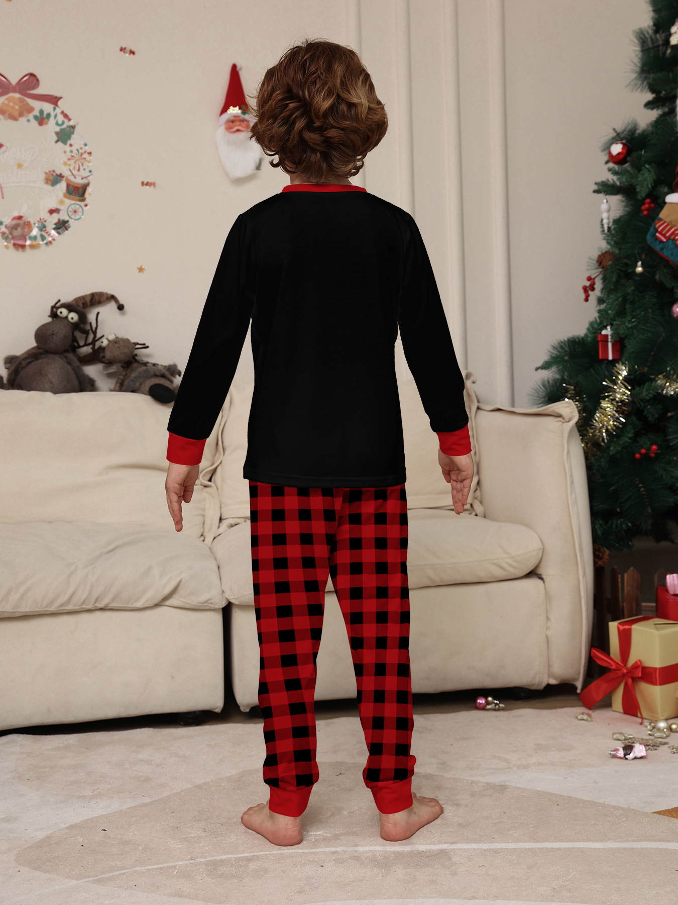 Christmas Christmas deer letter plaid Christmas family print home dress pajamas_voghion.com