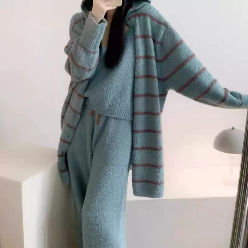 新款半边绒条纹睡衣女冬款秋冬季加厚三件套装家居服开衫毛衣