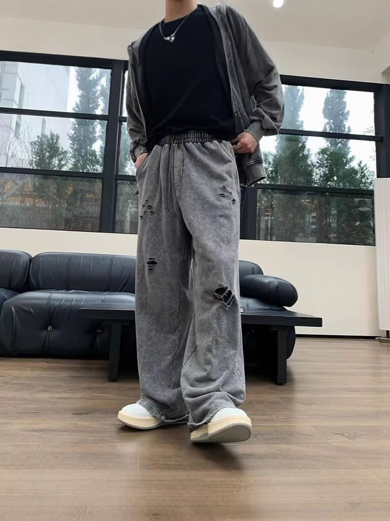 2026 nuevo agujero de algodón de terry jeans para hombre relajado recto casual pantalones deportivos de piernas largas transfronterizos moda americana