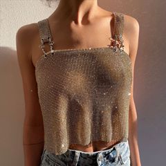 Amazon Women's Fashion Metal Vest Sexy Top Crop Top Crop Top with Rhinestones 