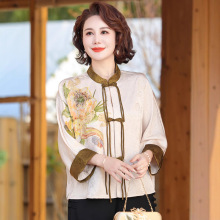 新中式妈妈夏装新款国风贵夫人高端上衣外套中老年女春秋衬衫套装