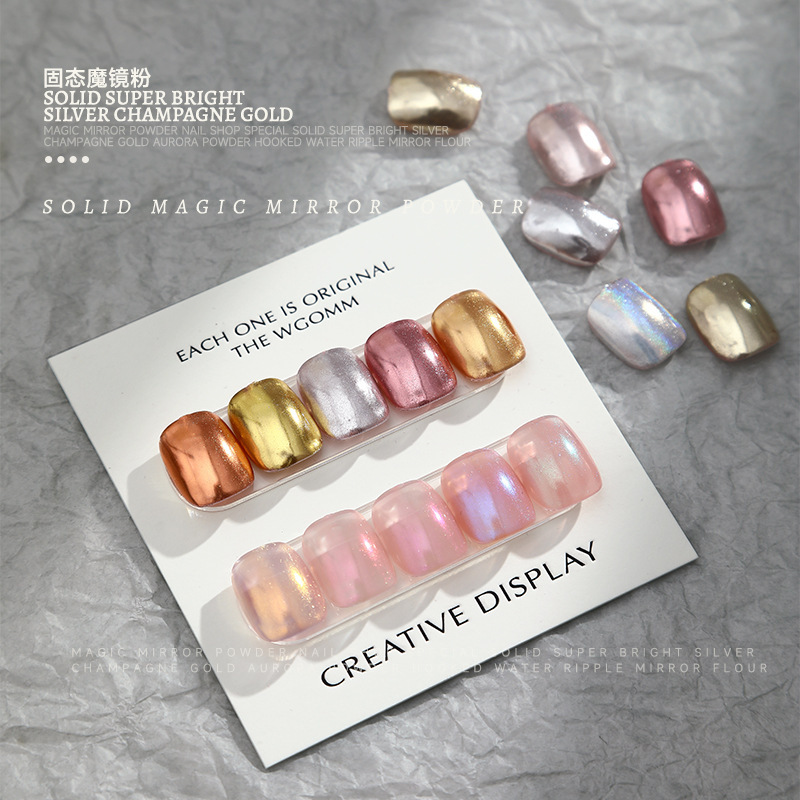 Internet celebridad manicura 6 colores de estado sólido espejo mágico polvo espejo de la harina de cristal Super brillante flash fino polvo no volador color mágico Aurora polvo al por mayor